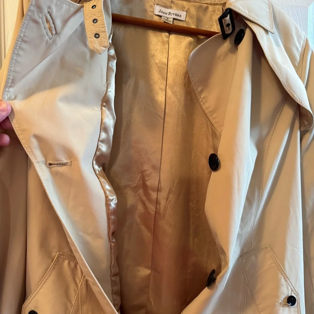 Joan Rivers Trench Rain Coat Beige Womens Small Button Front Pockets Belt Loops - Picture 8 of 14